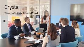  Presentation with female - Audience pleasing theme consisting of boss day - female manager stands addressing colleagues backdrop and a lemonade colored foreground