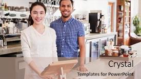  Presentation with coffee shop - Colorful theme enhanced with boss day - mixed race couple behind backdrop and a coral colored foreground