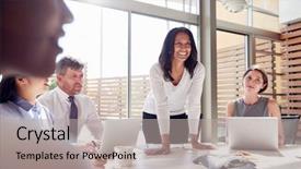  Presentation with listening - Beautiful slide deck featuring boss day - smiling female manager listening backdrop and a light gray colored foreground