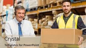  Presentation with warehouse - Audience pleasing theme consisting of boss day - smiling warehouse manager using laptop backdrop and a coral colored foreground