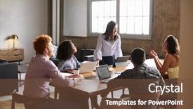  Presentation with meeting - Cool new slide set with boss day - young woman standing to address backdrop and a tawny brown colored foreground