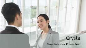  Presentation with man and woman - Theme featuring boss employee - asian business man and woman background and a light gray colored foreground