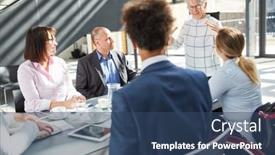  Presentation with team meeting - Presentation design featuring boss-giving-a-project-presentation background and a ocean colored foreground