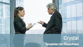  Presentation with secretary - PPT theme featuring boss instructs young secretary in modern office background and a teal colored foreground