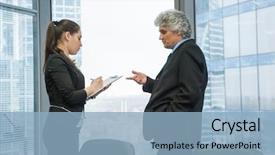  Presentation with secretary - Slide deck enhanced with boss instructs young secretary in modern office background and a light blue colored foreground