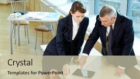  Presentation with tablet - Amazing presentation theme having boss pointing at tablet screen backdrop and a soft green colored foreground