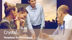  Presentation with corporate - Colorful slide deck enhanced with office over city view background backdrop and a coral colored foreground