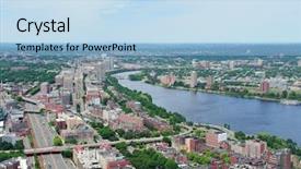  Presentation with urban buildings - PPT theme consisting of boston city aerial view with urban buildings and highway with charles river in cambridge district background and a light blue colored foreground
