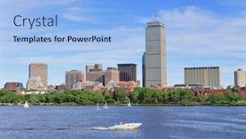  Presentation with boat river - Colorful slide deck enhanced with boston city skyline with prudential tower and urban skyscrapers over charles river with boat backdrop and a light blue colored foreground