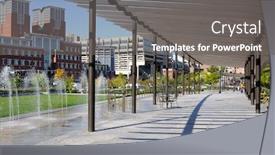  Presentation with water fountain - PPT theme consisting of boston promenade with water fountain and green areas background and a gray colored foreground