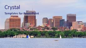  Presentation with boat river - Cool new slide deck with boston sunset over charles river with urban skyscrapers and boat backdrop and a sky blue colored foreground