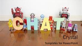  Presentation with chat - PPT theme enhanced with bot - word chat with vintage robot background and a coral colored foreground