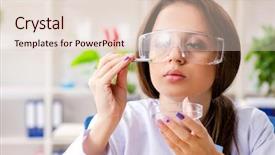  Presentation with biotechnology lab - Presentation design enhanced with botechnology - young beautiful biotechnology chemist working background and a lemonade colored foreground