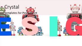  Presentation with robot design images - PPT theme with bots - retro tin robot toys hold background and a coral colored foreground