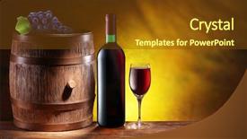  Presentation with wine barrel - Slide deck having bottle and a glass of wine with a wooden barrel on dark yellow background with a gradient background and a tawny brown colored foreground
