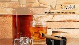  Presentation with cigar - Slide set enhanced with bottle and glass of whiskey and cigar on brick wall background background and a coral colored foreground