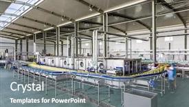  Presentation with china - Audience pleasing PPT theme consisting of bottle assembly line - drinks production plant in china backdrop and a gray colored foreground