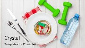  Presentation with food for health - Presentation theme having bottle green - dumbells and healthy food background and a light gray colored foreground