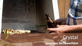  Presentation with beer bottle - Presentation design enhanced with cheerful people eating tasty bbq - bottle of beer in man's background and a tawny brown colored foreground