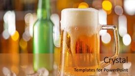  Presentation with beer bottle - Presentation with bottle of beer with glass on bar desk close-up background and a gold colored foreground