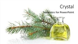  Presentation with essential oil - Audience pleasing PPT theme consisting of bottle of coniferous essential oil and branch isolated on white backdrop and a white colored foreground