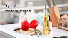  Presentation with oil products - Presentation design enhanced with bottle of cooking oil and other products on kitchen table background and a soft green colored foreground