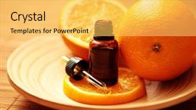  Presentation with alternative medicine - Amazing PPT theme having bottle of essential oil from oranges - alternative medicine backdrop and a yellow colored foreground