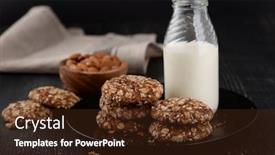  Presentation with wood grain - Audience pleasing slide set consisting of bottle of milk and homemade whole grain cookies on dark wood background backdrop and a tawny brown colored foreground