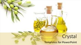  Presentation with olive - Presentation having bottle of olive oil background and a yellow colored foreground