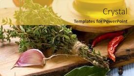  Presentation with olive oil bottle - Beautiful PPT theme featuring bottle of olive oil and condiments on blue napkin backdrop and a yellow colored foreground