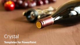  Presentation with bottle red wine - PPT layouts having bottle of red wine with grape on wooden background background and a coral colored foreground