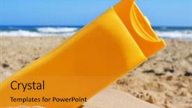 Presentation with sunscreen - Beautiful theme featuring bottle of sunscreen on the sand of a beach backdrop and a gold colored foreground