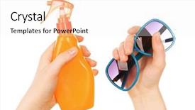  Presentation with spray - Colorful PPT theme enhanced with bottle of suntan spray and sunglasses in female hands isolated on white backdrop and a white colored foreground