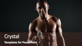  Presentation with water sports - PPT layouts featuring portrait of smiling young afro american sports man holding bottle of water over black background background and a tawny brown colored foreground