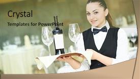  Presentation with waitress - Colorful slide deck enhanced with bottle of wine and glass backdrop and a tawny brown colored foreground
