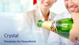  Presentation with flutes - Cool new PPT theme with bottle pouring champagne into flutes backdrop and a light blue colored foreground