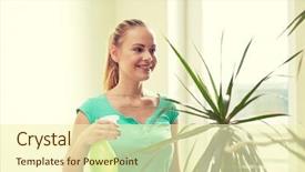  Presentation with home care - PPT theme having bottle spraying houseplants at home background and a cream colored foreground