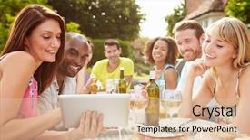  Presentation with home textiles - Presentation design enhanced with bottle tablets - friends having barbeque at home background and a lemonade colored foreground