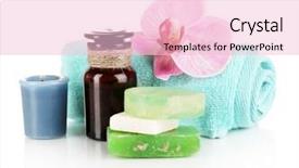  Presentation with oils - Theme enhanced with bottle with aromatic oils with accessories for relaxation isolated on white background and a lemonade colored foreground