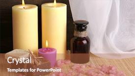  Presentation with oils - PPT theme consisting of bottle with aromatic oils with accessories for relaxation close-up on wooden table on wooden background background and a red colored foreground