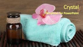  Presentation with oils - Presentation theme featuring bottle with aromatic oils with accessories for relaxation on wooden table on wooden background background and a tawny brown colored foreground