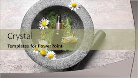  Presentation with mortar - Presentation theme with bottle with essential oil and fresh chamomile flowers in stone mortar background and a mint green colored foreground