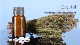  Presentation with herbs blue - Theme consisting of bottle with pills and herbs on blue background concept of homeopathy background and a sky blue colored foreground