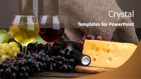  Presentation with wine cheese - Colorful PPT theme enhanced with bottles and glasses of wine cheese and grapes on grey background backdrop and a violet colored foreground