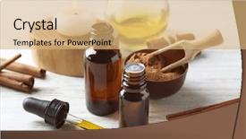  Presentation with cinnamon - PPT theme having bottles of cinnamon oil background and a coral colored foreground