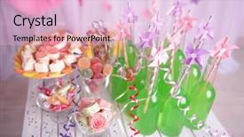  Presentation with sweets - Audience pleasing theme consisting of bottles of drink with straw and sweets on decorative background backdrop and a lemonade colored foreground
