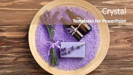  Presentation with essential oil - PPT layouts having bottles of essential oil soap and sea salt with lavender in wooden tray top view background and a coral colored foreground