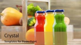  Presentation with healthy juice - Amazing slides having glass bottles of fresh healthy juice with set of fruits and vegetables on wooden background backdrop and a coral colored foreground