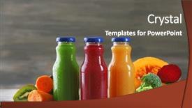 Presentation with healthy juice - Beautiful slide deck featuring glass bottles of fresh healthy juice with set of fruits and vegetables on wooden background backdrop and a dark gray colored foreground