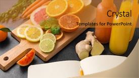  Presentation with juices - Presentation theme featuring bottles of juices and notebook background and a gold colored foreground